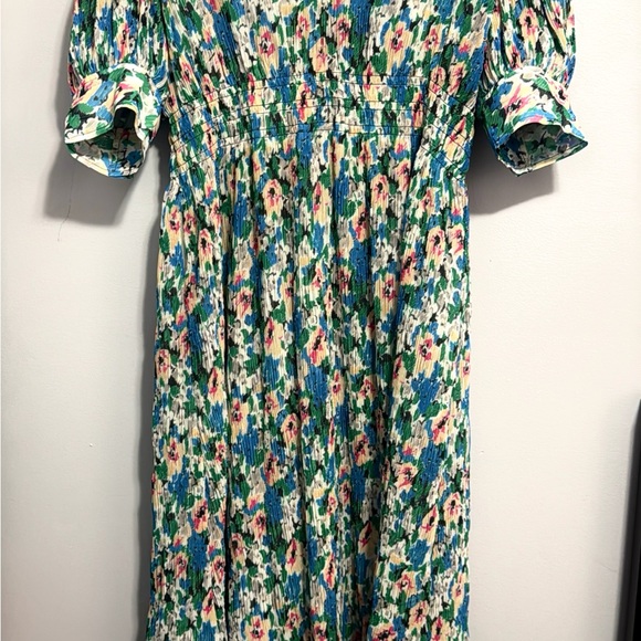 GANNI Pleated Georgette V-Neck Smock Midi Dress Floral Azure Blue Size 36 (M) - Picture 2 of 9